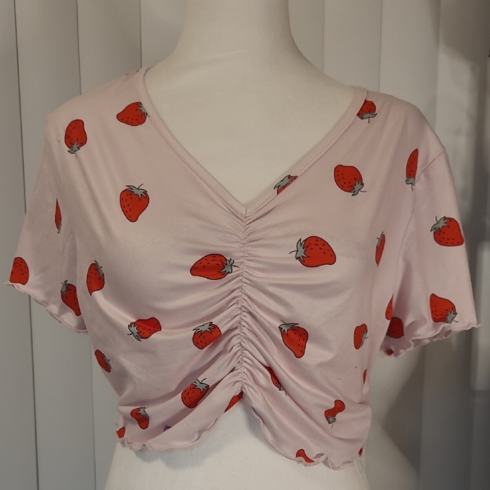 Shein Strawberry Print V-Neck Ruched Crop Top